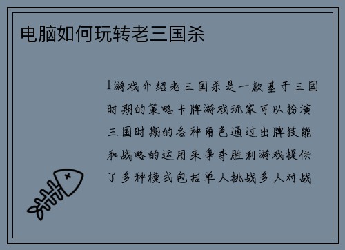 电脑如何玩转老三国杀