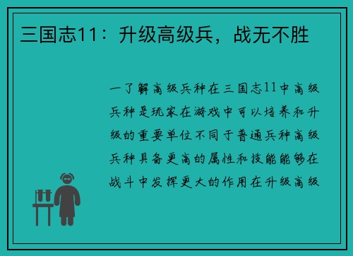 三国志11:升级高级兵,战无不胜